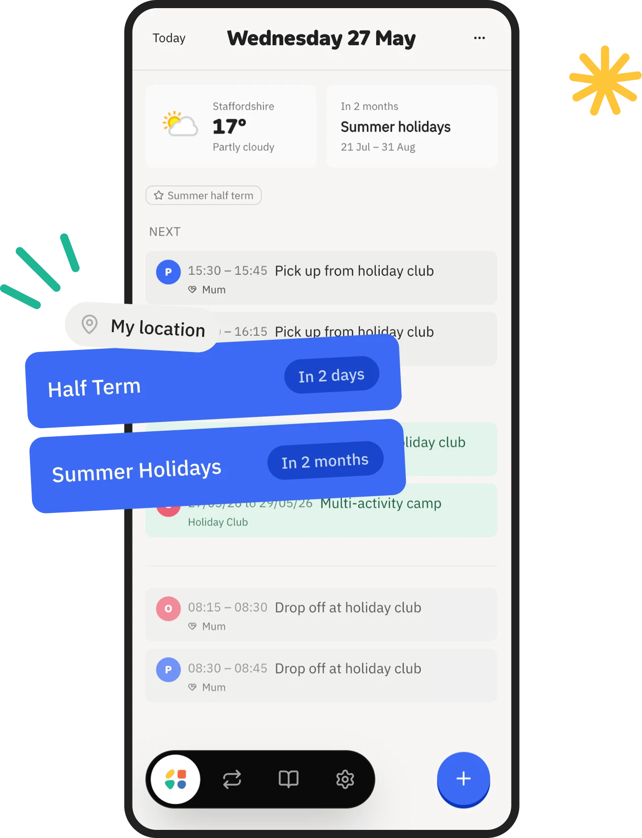 muddl app showcase on mobile: daily schedule, family invite, and routine view