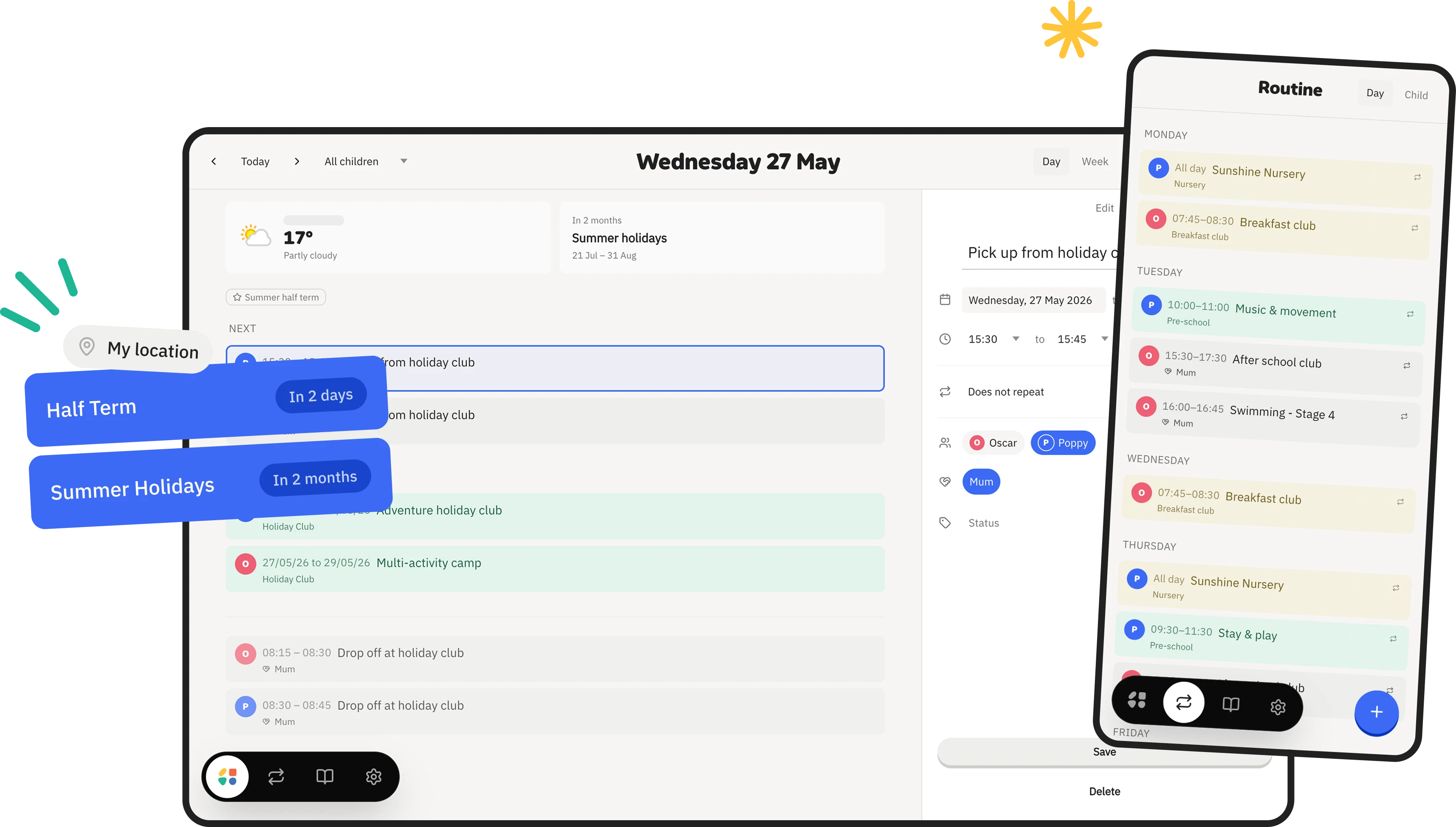 muddl app showcase: calendar, family invite, settings, add child, and a child in a superhero cape in a bento layout
